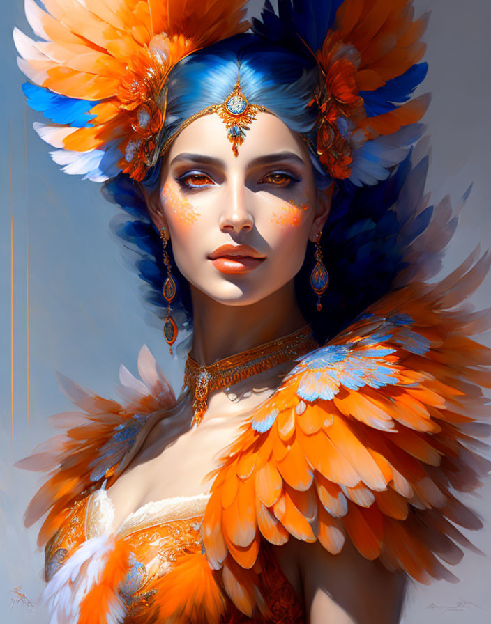 Vibrant digital artwork of a woman with orange feathers and blue headpiece