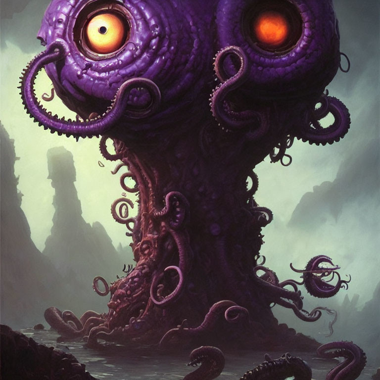 Purple Octopus-Like Creature with Orange Eyes in Misty Setting