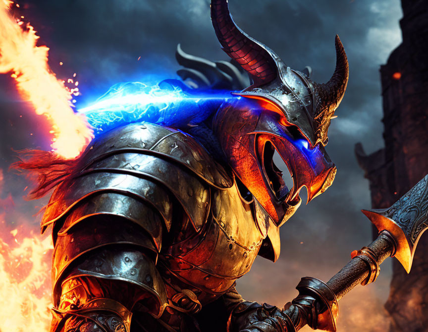 Armored warrior with horned helmet in fiery background wields battle-axe