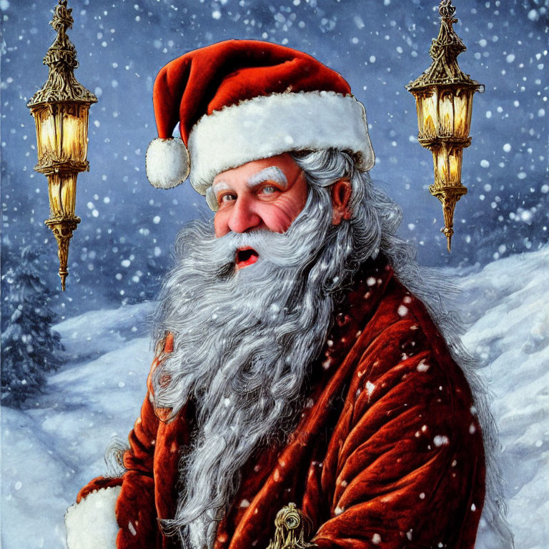 Detailed Santa Claus Illustration in Red Suit and Snowy Background