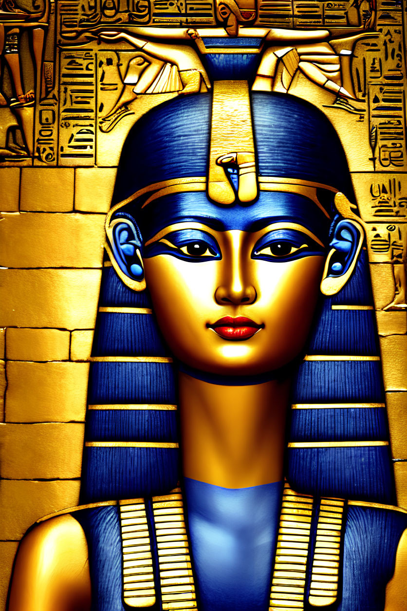 Colorful Illustration: Egyptian Pharaoh with Traditional Headdress and Hieroglyphics