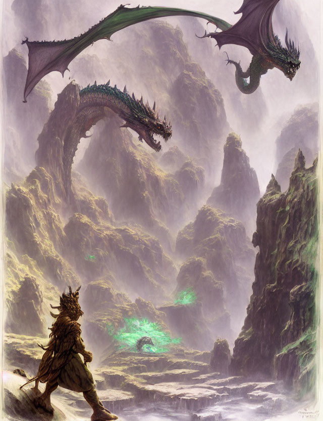 Fantasy landscape with flying dragons and robed figure in front of glowing green caverns.