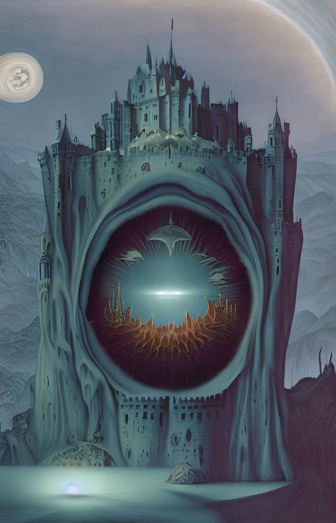 Fantasy artwork of towering castle on mountain with luminous city in eye-like structure under celestial sky