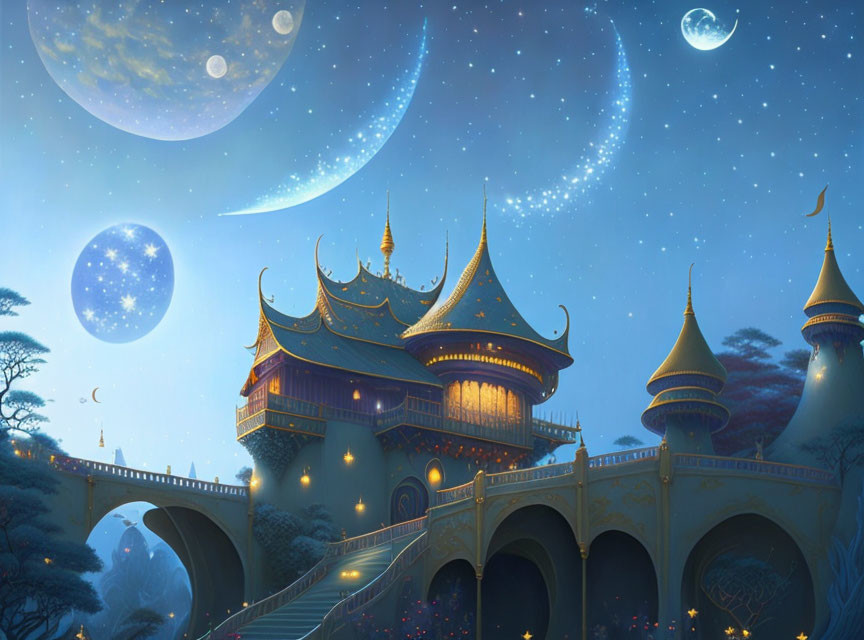 Fantasy palace with golden domes under starry sky & multiple moons, connected by bridge amid twilight