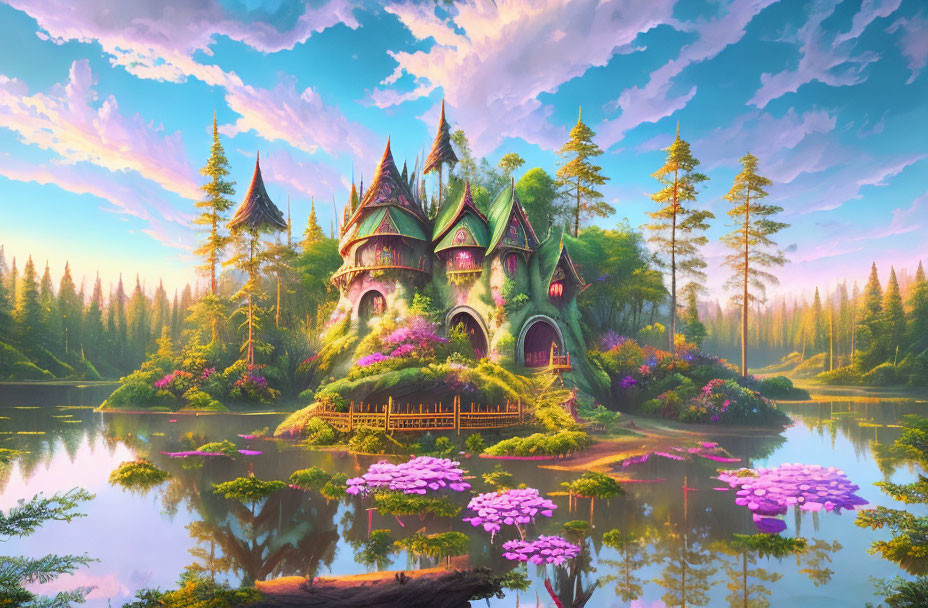 Enchanting fantasy landscape with castle, lush greenery, lake, and sunrise