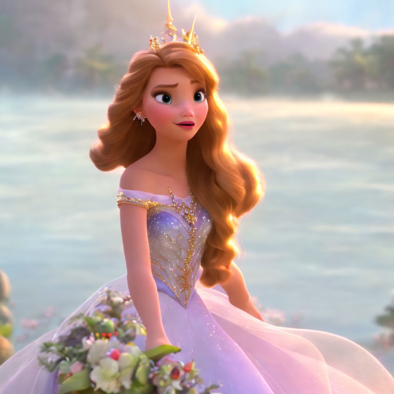 Long-haired princess in detailed gown against misty background