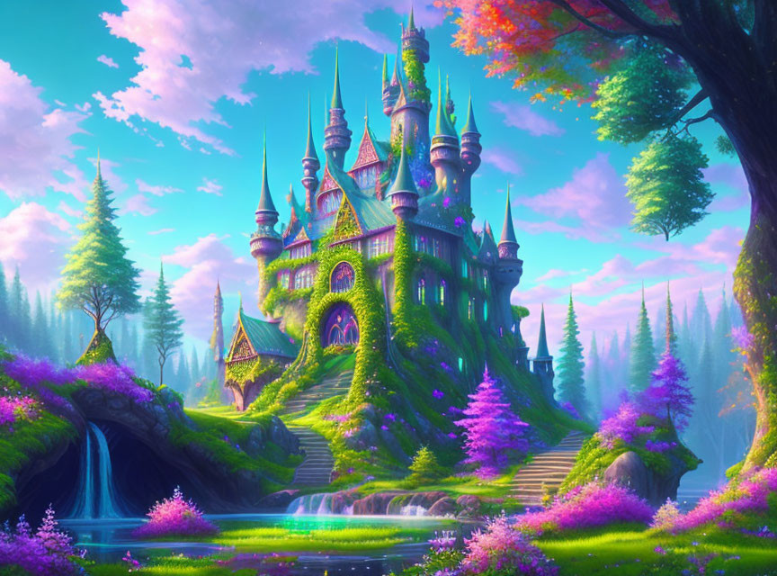 Majestic castle in vibrant fantasy landscape