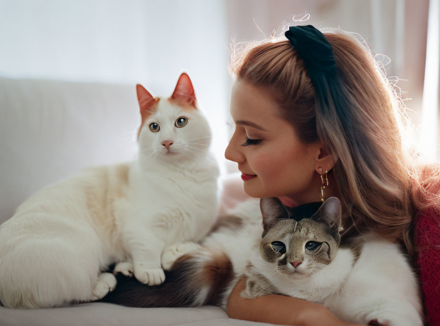 Woman with hair bow holding two cats in cozy room