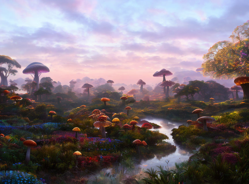 Colorful Mushrooms in Dawn Landscape with River and Misty Forest