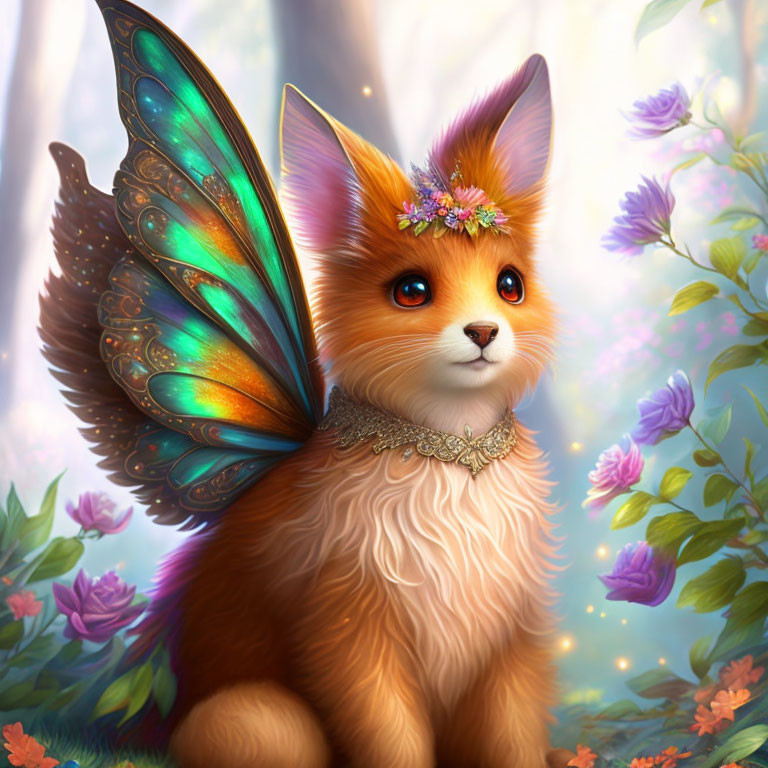 Colorful Fox with Butterfly Wings in Flower Forest