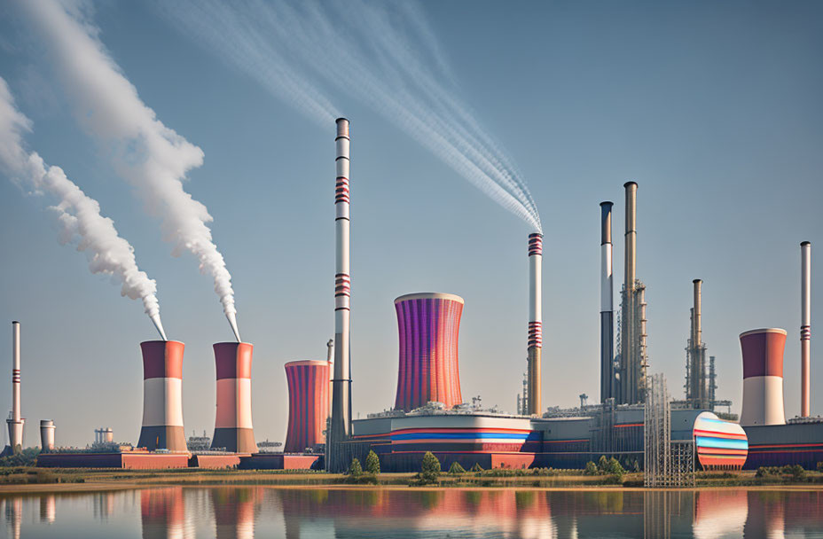 Power plant with cooling towers and smokestacks in industrial landscape.