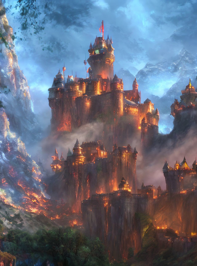 Enchanting castle on towering cliffs in mystical landscape