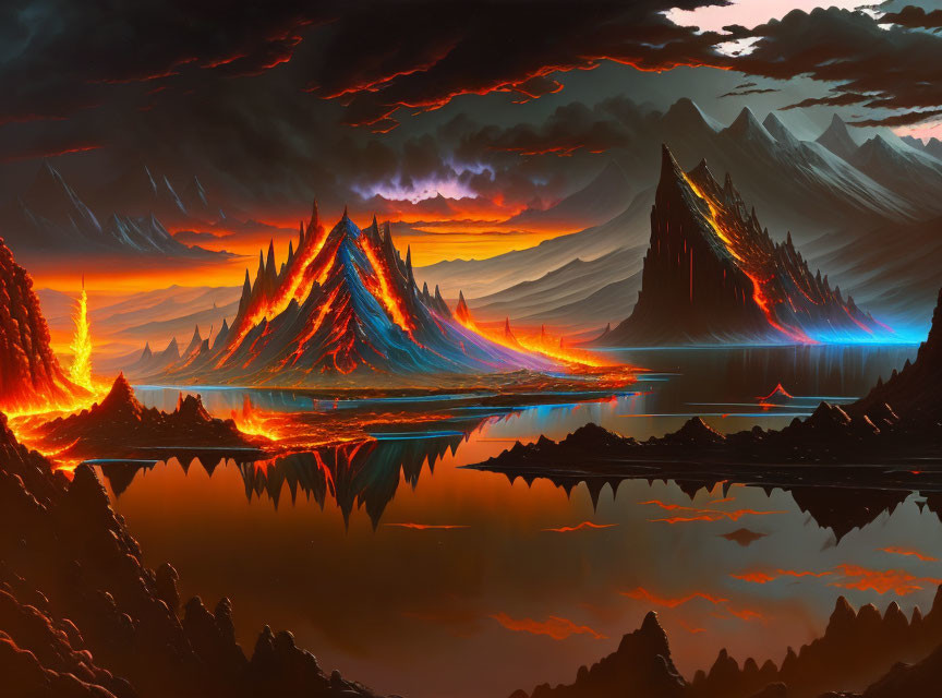 Volcanic landscape with molten lava, fiery sky, and dark water reflections