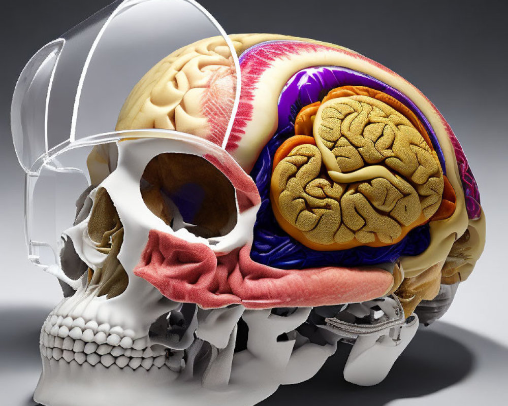 Detailed Anatomical Model of Human Skull with Exposed Brain Regions