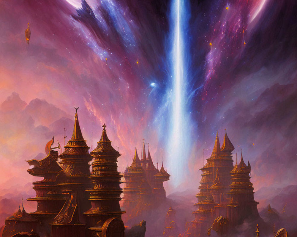 Futuristic cityscape with Asian-style buildings under purple starry sky and blue cosmic beam