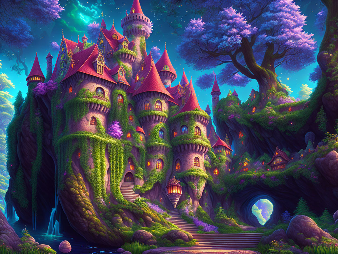 Enchanting Ivy-Covered Castle with Purple Trees and Waterfalls