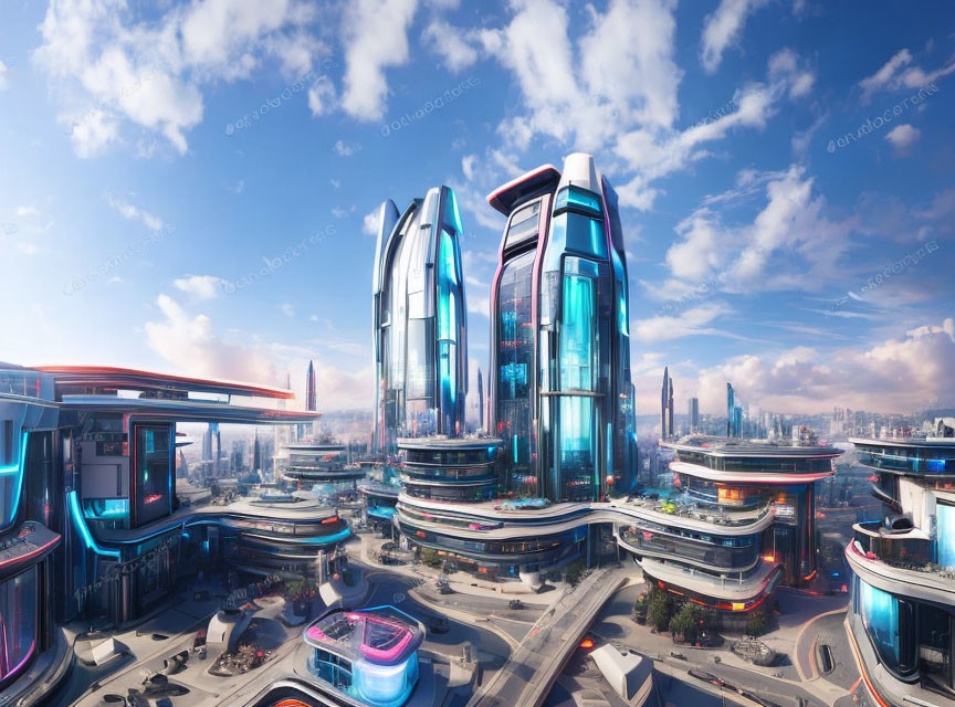 Futuristic cityscape with sleek skyscrapers and advanced transportation in vibrant blue sky