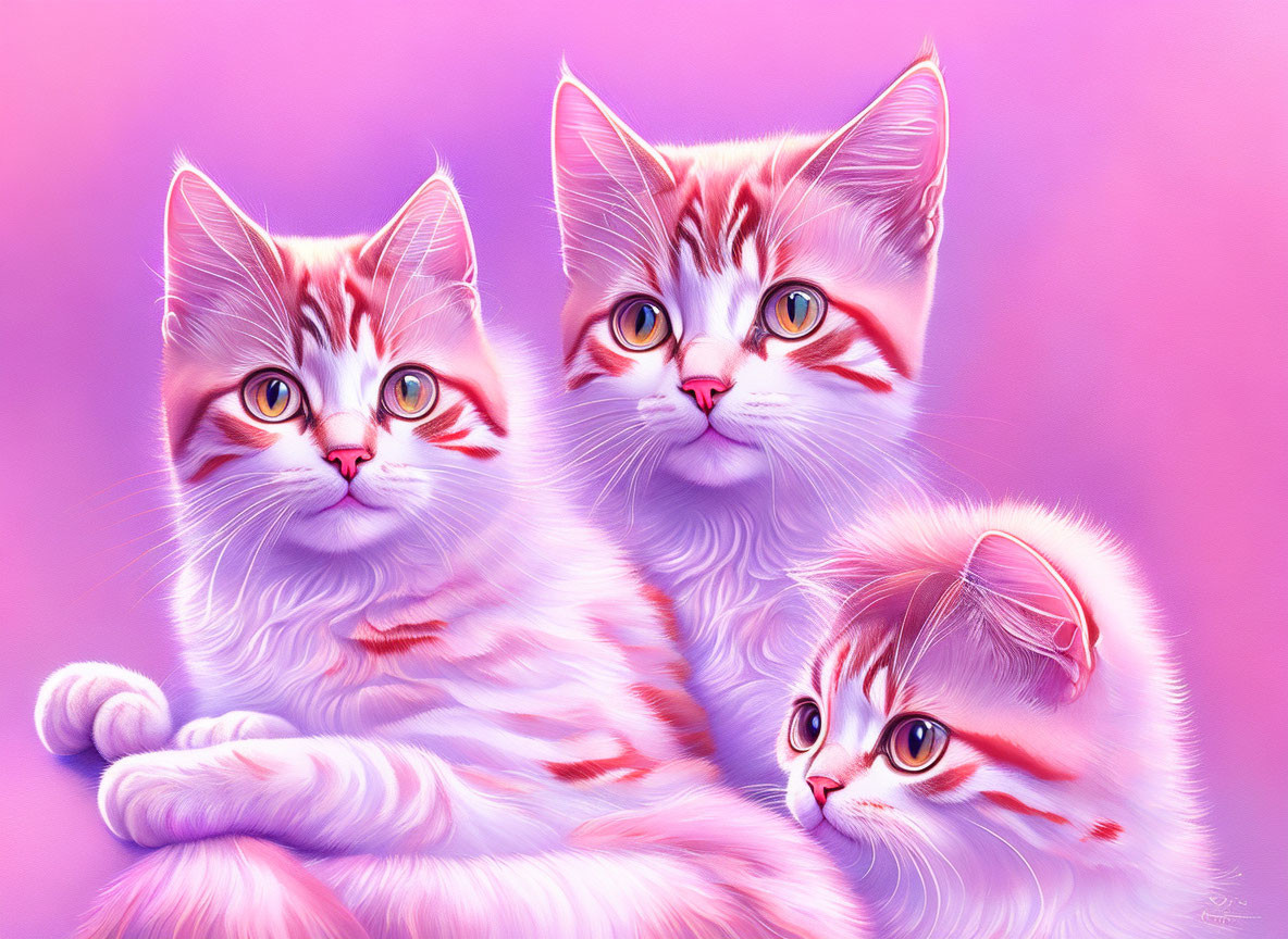 Three orange and white kittens with expressive eyes on pink background