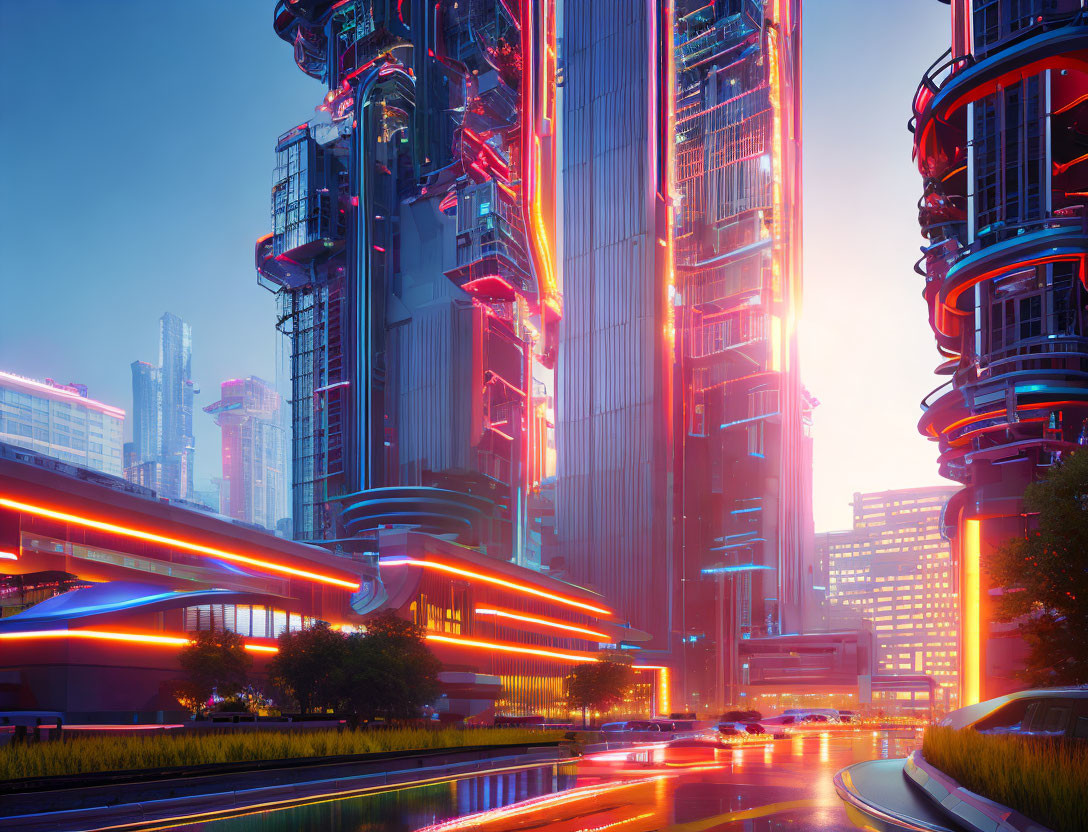 Futuristic cityscape at dusk with neon lights and skyscrapers