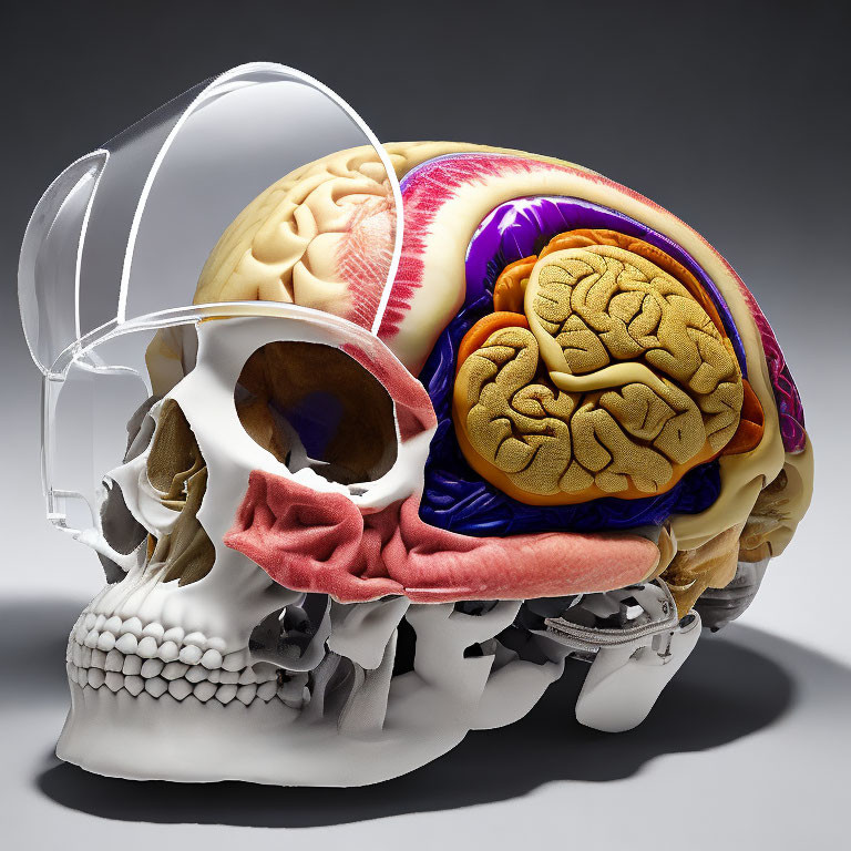 Detailed Anatomical Model of Human Skull with Exposed Brain Regions