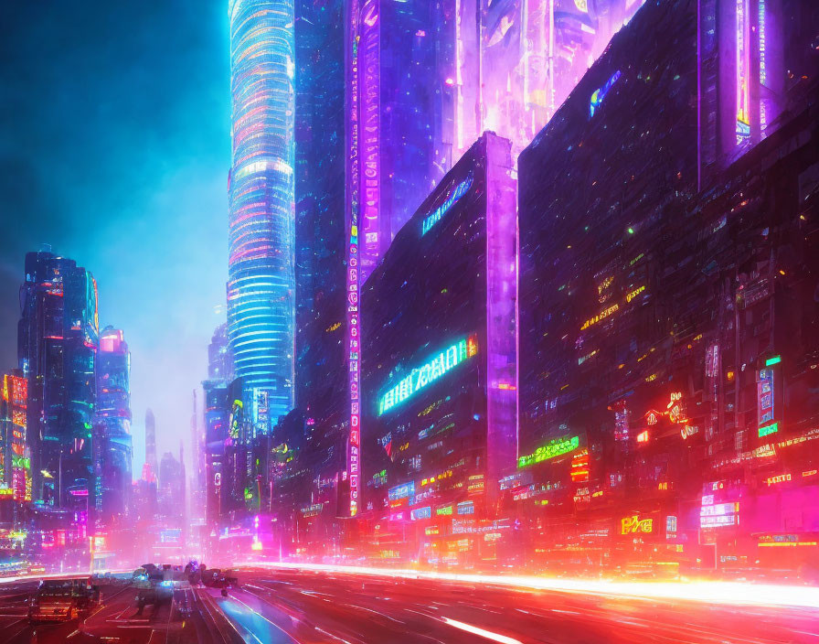 Futuristic Neon-Lit Cityscape with Skyscrapers at Night