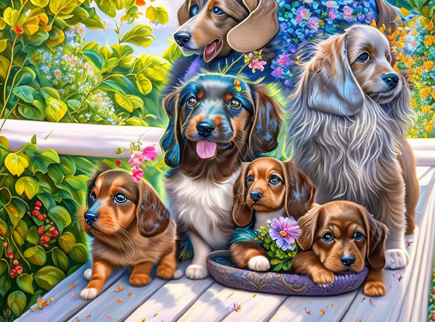 Six adorable puppies in colorful illustration with various expressions amidst vibrant flowers.