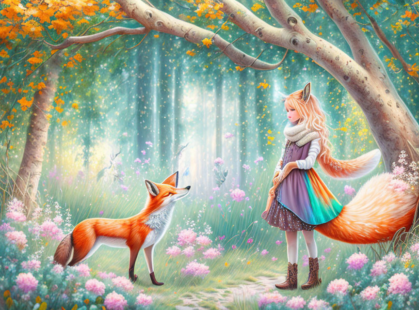 Illustration of girl with fox features in forest with red fox