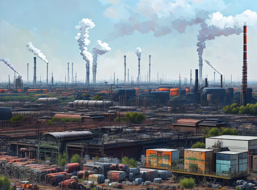 Industrial plant with chimneys emitting smoke and storage tanks under hazy sky.