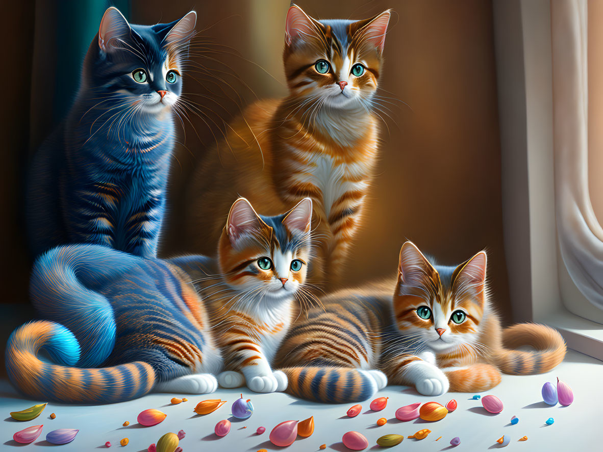 Four striped fur cats by a window with rose petals: a serene and captivating scene