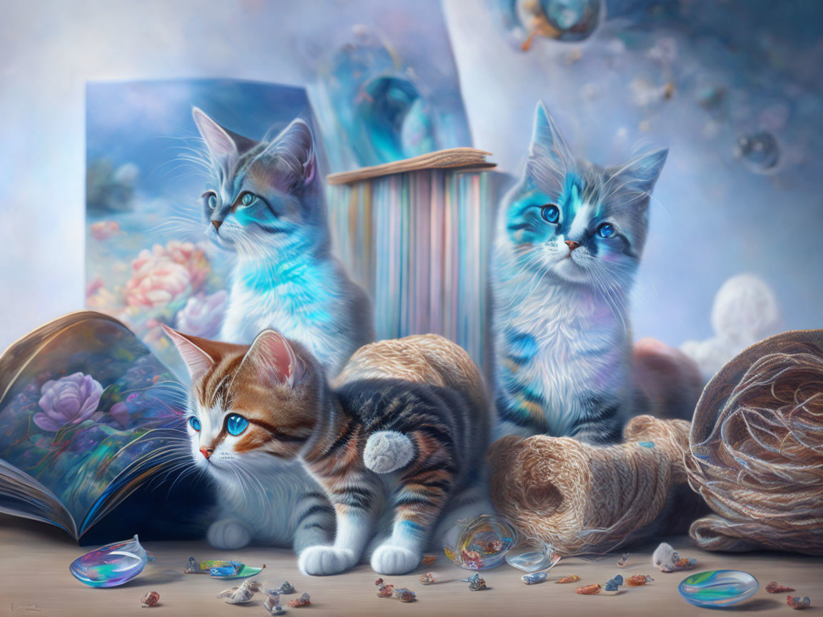 Three kittens in dreamy setting with books, yarn balls, and bubbles