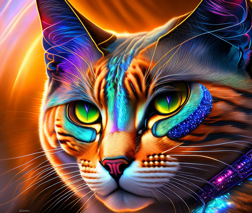 Colorful Cat Artwork with Neon Outlines on Orange Background