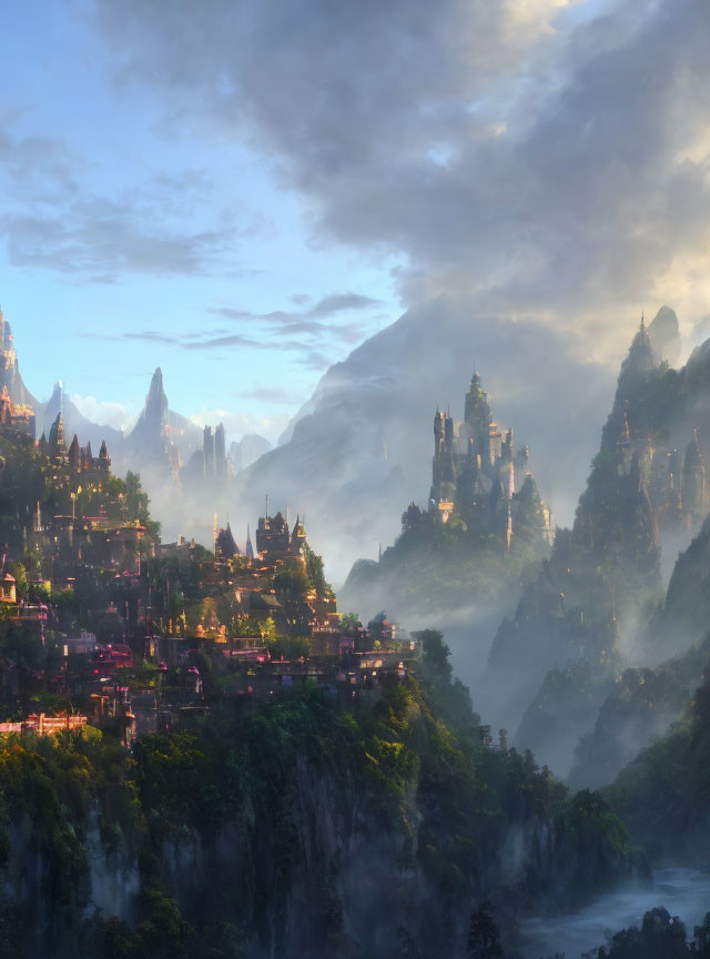 Mystical City with Illuminated Buildings Among Misty Mountains