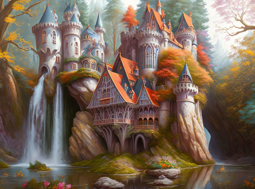 Majestic castle surrounded by autumn foliage and waterfalls