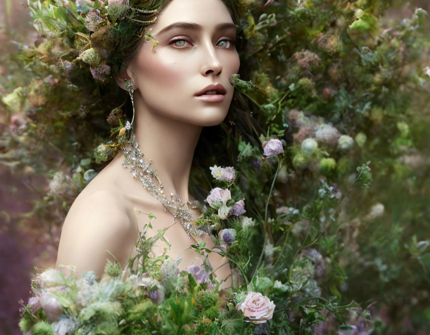 Woman with floral headpiece and jewelry in lush garden setting