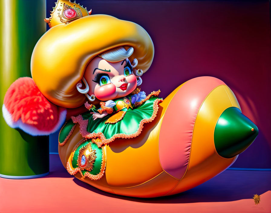 Colorful Animated Character on Giant Duck Toy in Elaborate Clothing