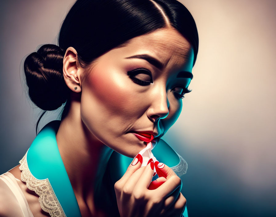 Woman with elegant bun and makeup applying red lipstick under dramatic lighting