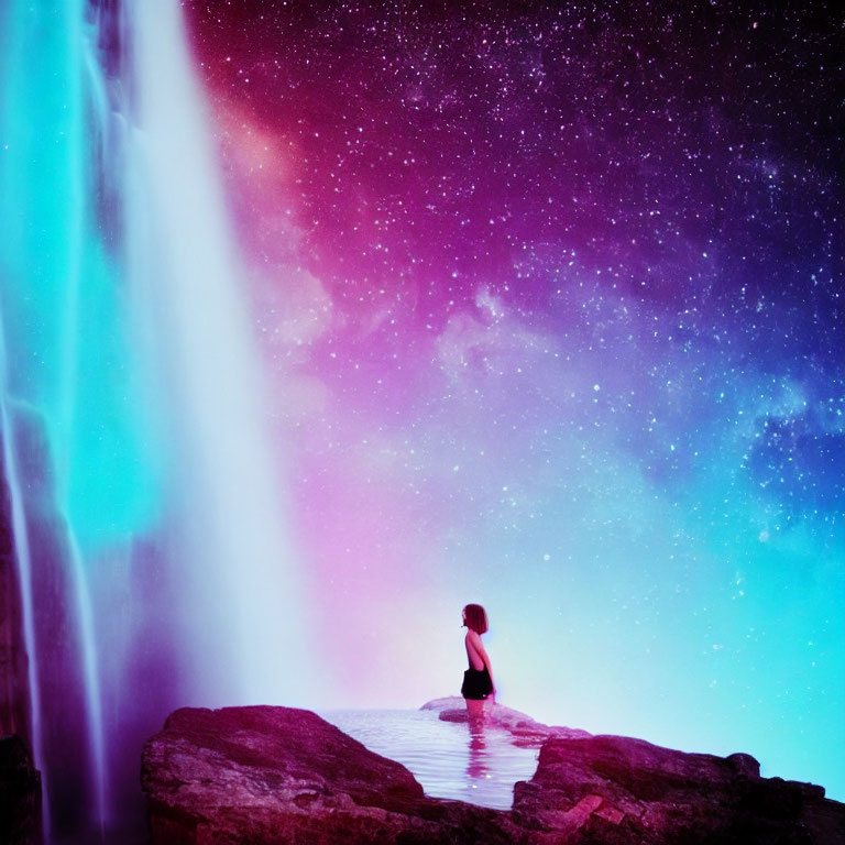 Person sitting on rock ledge by waterfall under vibrant night sky full of stars and nebulae