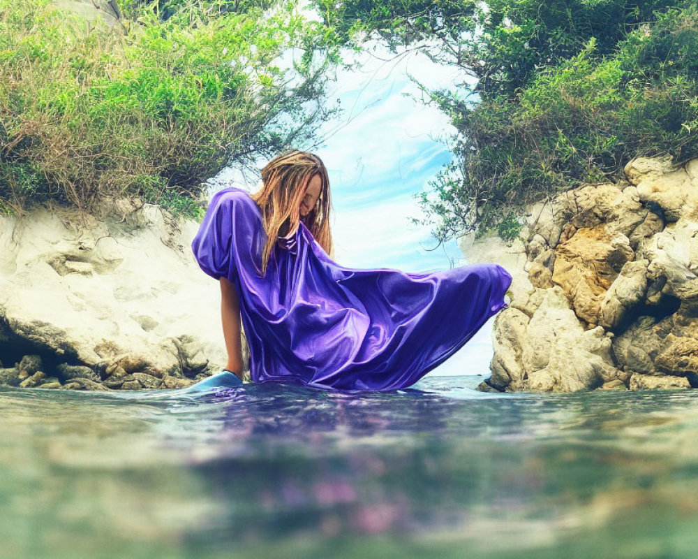 Person in Purple Gown Sitting in Shallow Water with Mossy Rocks