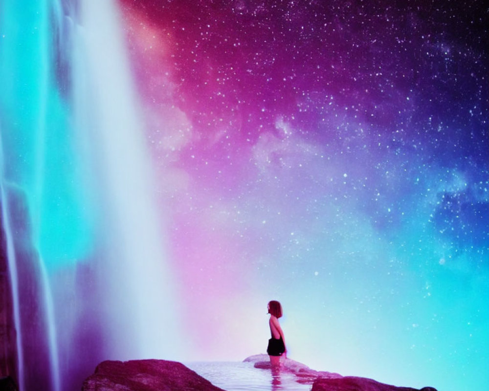 Person sitting on rock ledge by waterfall under vibrant night sky full of stars and nebulae