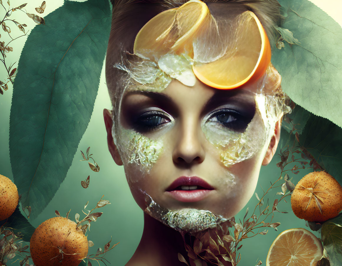 Surreal portrait of woman with citrus fruits and leaves integrated into her features