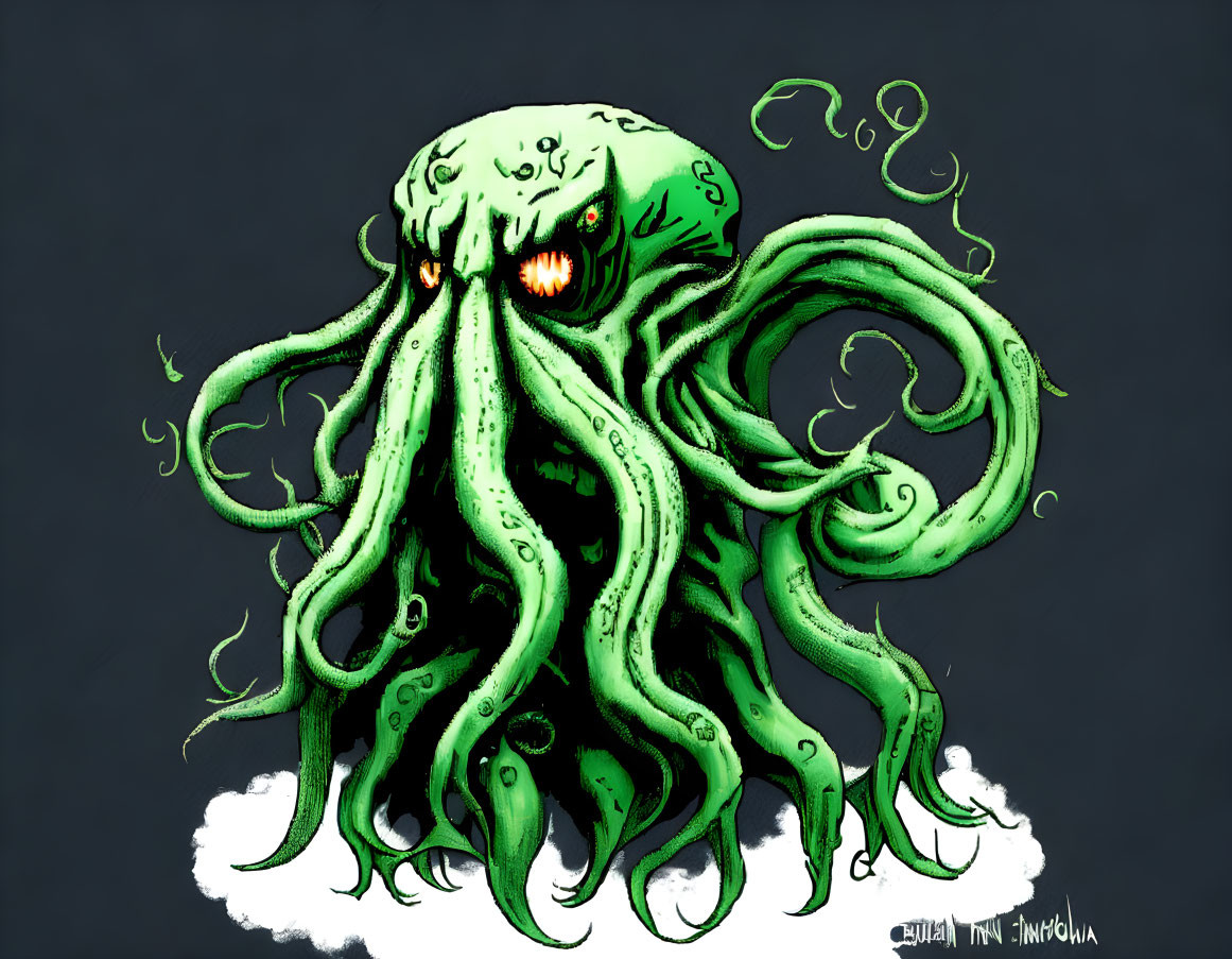 Green octopus-like creature with glowing orange eyes and luminescent tendrils on dark backdrop