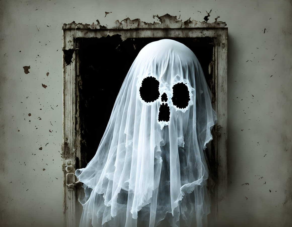 Ghost Costume with Skull-like Eye Holes in Dilapidated Doorway