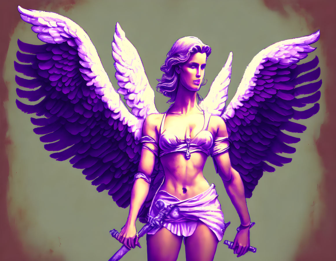 Female figure with angel wings in fantasy armor and sword on muted background