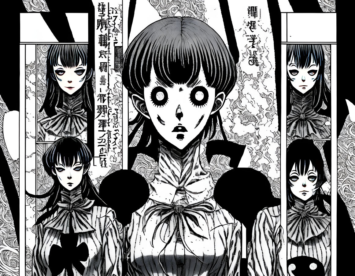 Monochrome manga panel: Girl with expressive eyes and floral patterns