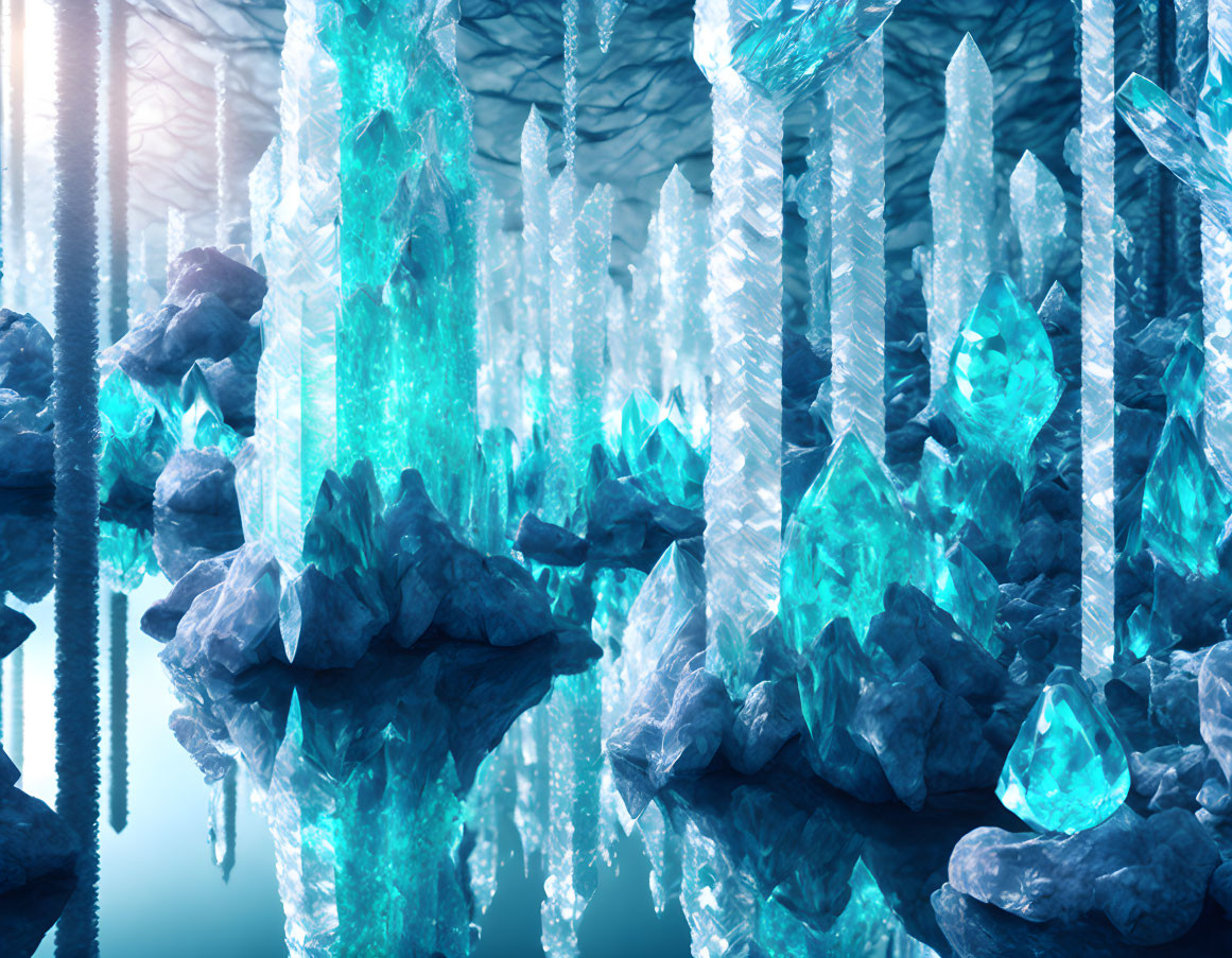 Mystical Cave with Teal Crystals Reflecting on Water