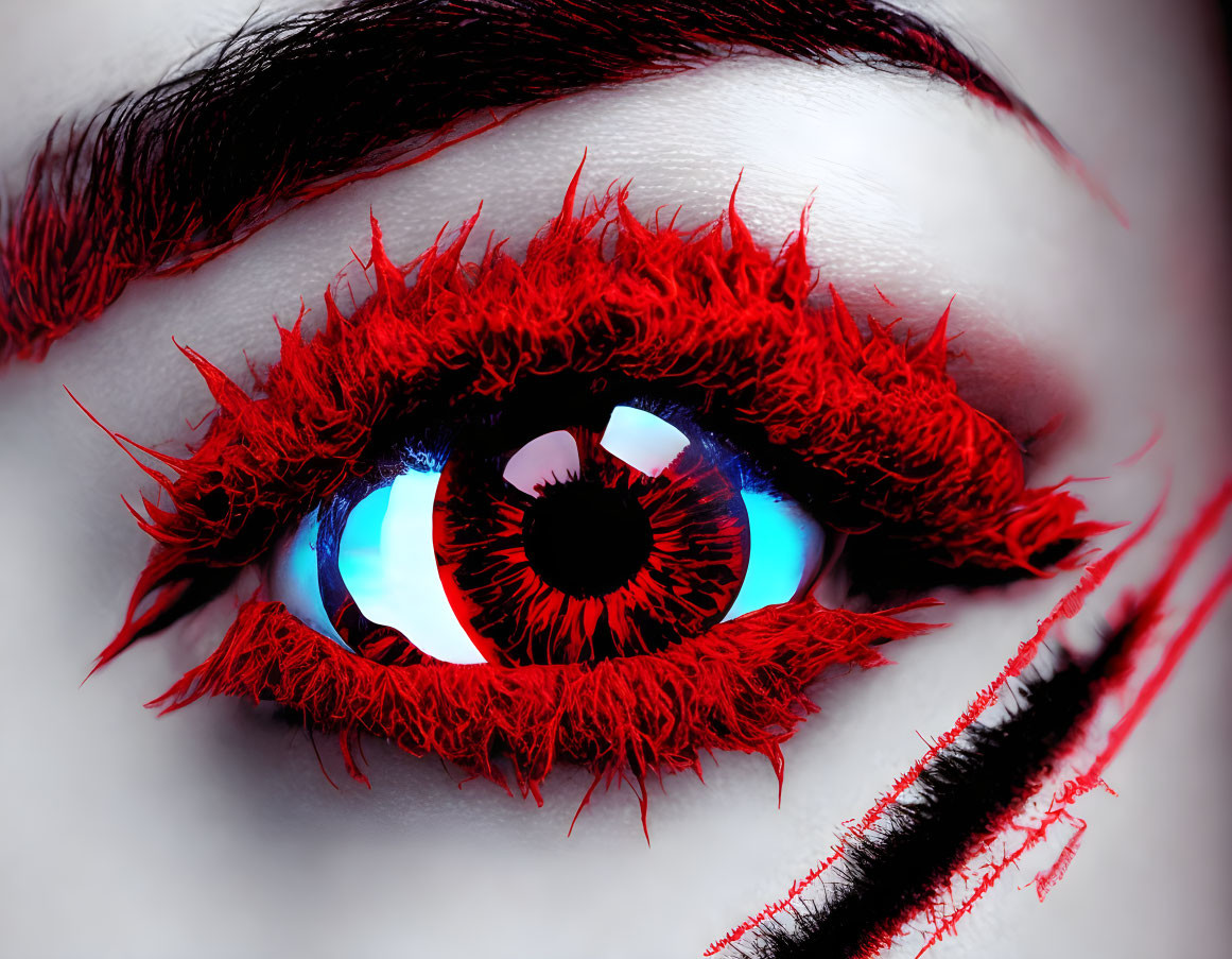 Eye with dramatic red and black makeup and blue iris