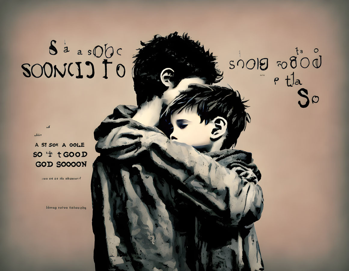 Monochrome artwork of adult comforting child with mirrored text background