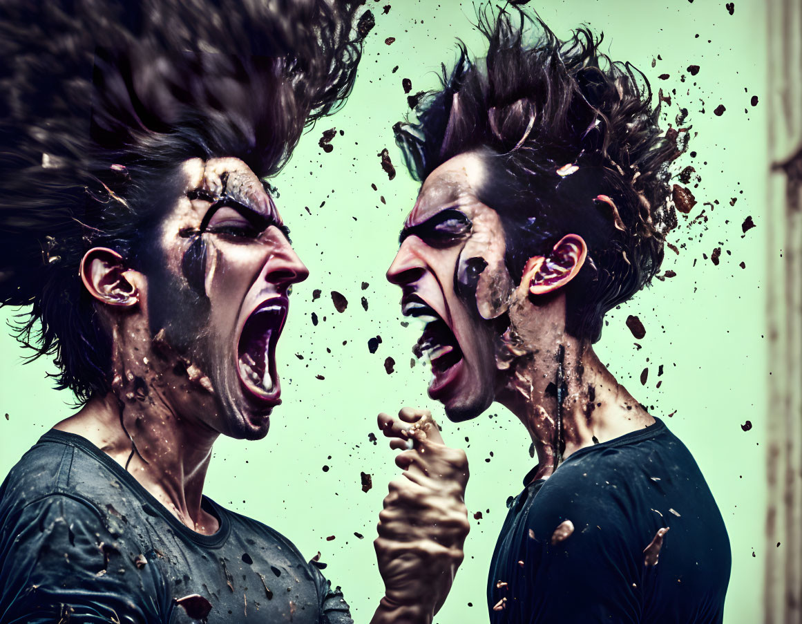 Intense expressions of two people splattered with brown substance on teal background