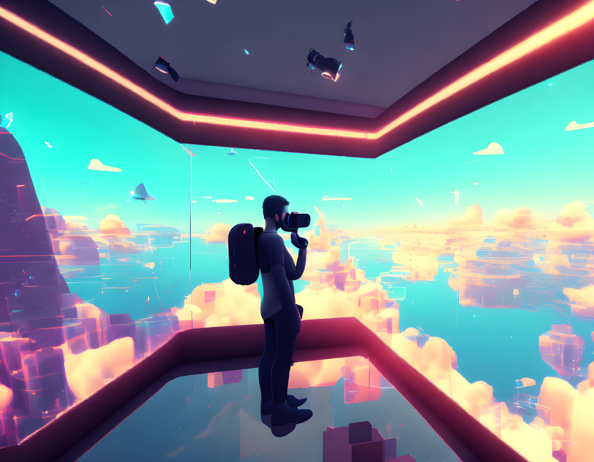 Person wearing VR goggles in room with surreal neon-lit floating cityscape & flying whales.