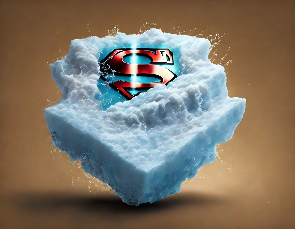 Stylized Superman 'S' shield breaking through textured cloud on brown backdrop